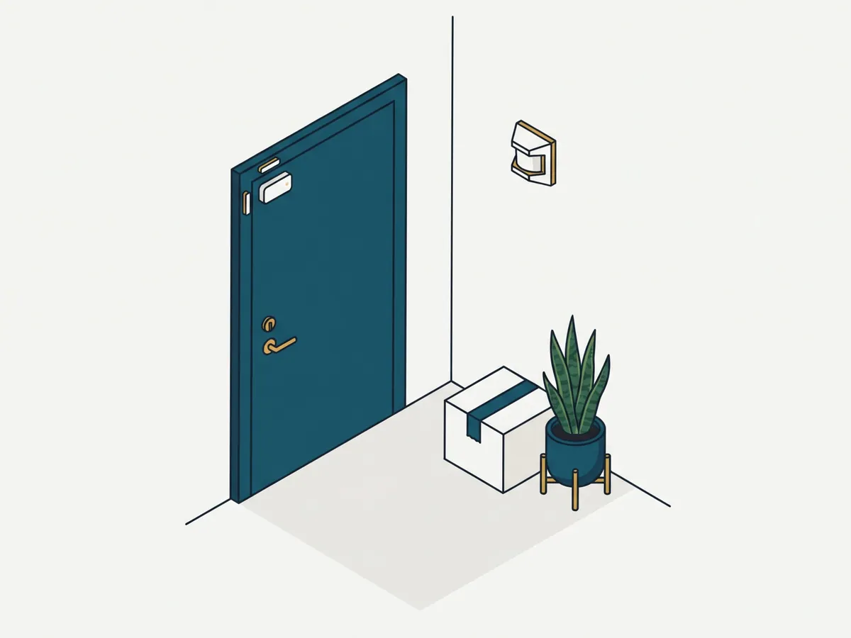 Illustration: Wohnungstür von innen mit geklebtem Öffnungsmelder an Tür und Zarge, daneben ein Bewegungsmelder an der Wand