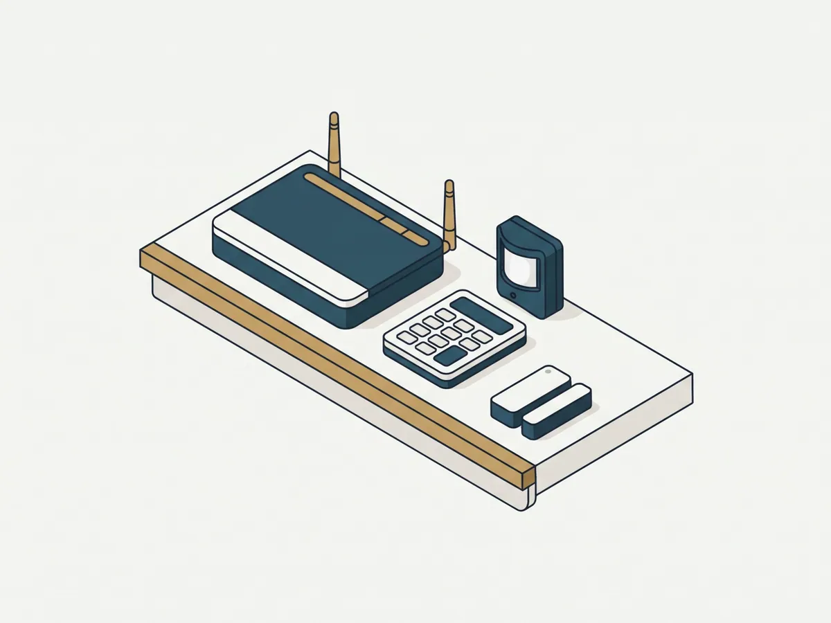 Illustration: Alarmzentrale mit Antennen, Bedienteil mit Tasten, Bewegungsmelder und zweiteiliger Öffnungsmelder auf einem Regal