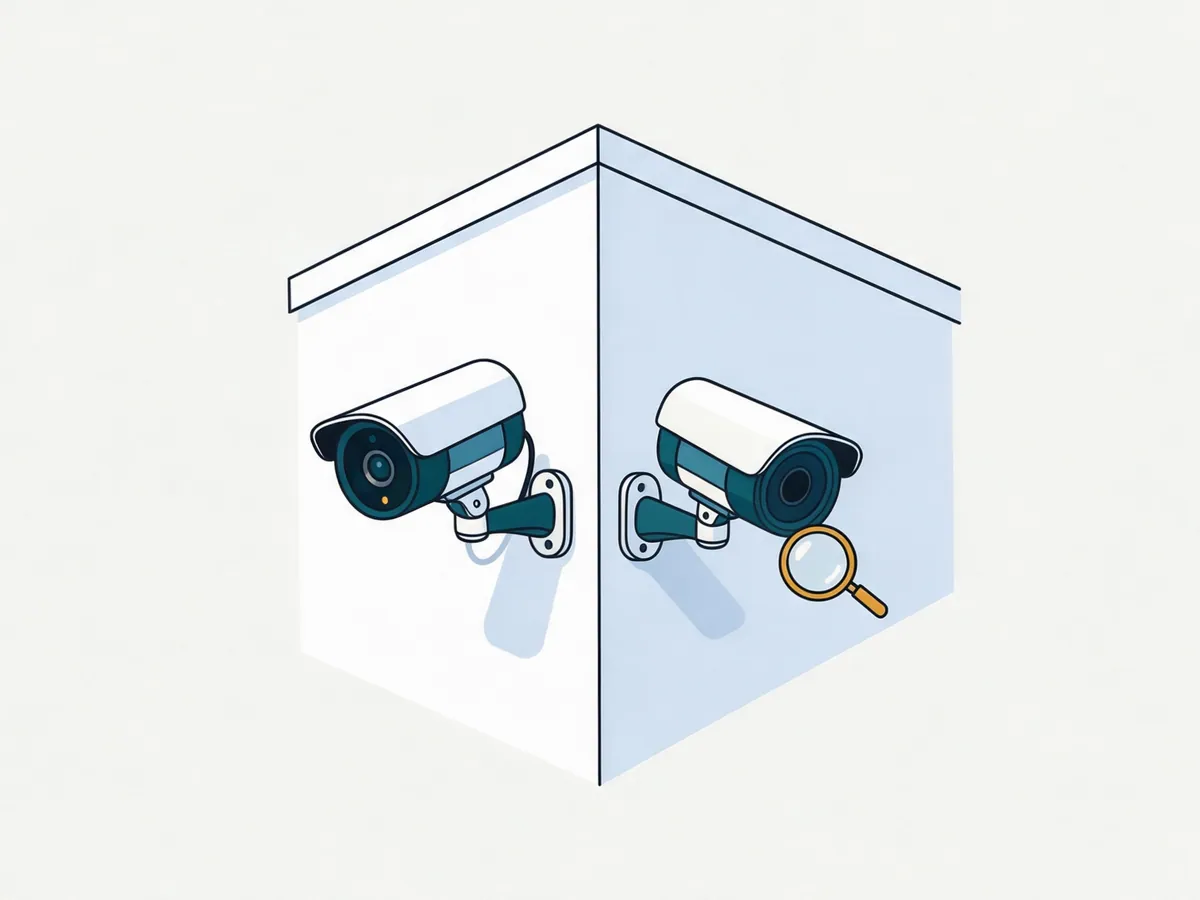 Illustration: zwei Außenkameras an einer Hausecke, eine echte mit Kabel, vor der zweiten eine Lupe als Zeichen für die Prüfung auf Attrappe