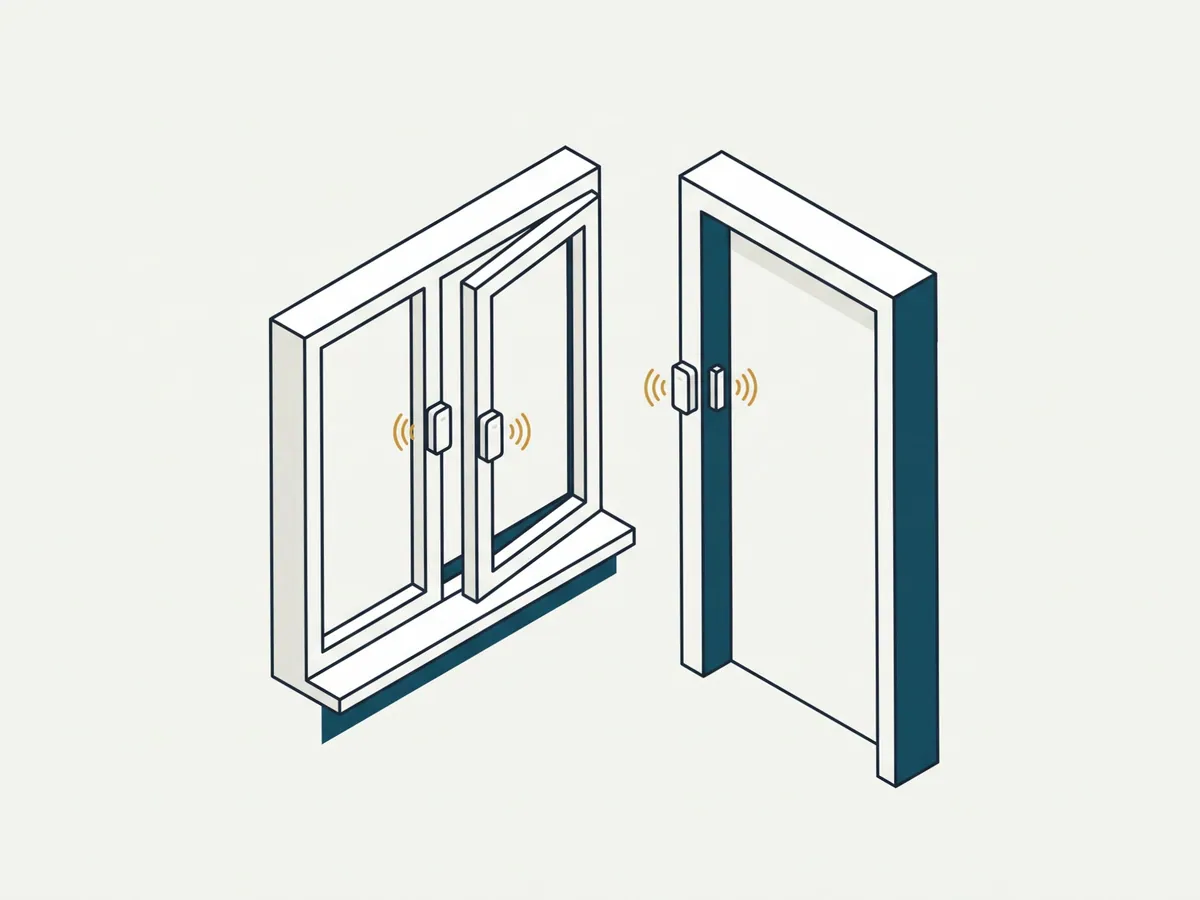 Illustration: Fenster und Türrahmen mit je einem zweiteiligen Öffnungsmelder, Funkwellen deuten das Signal an