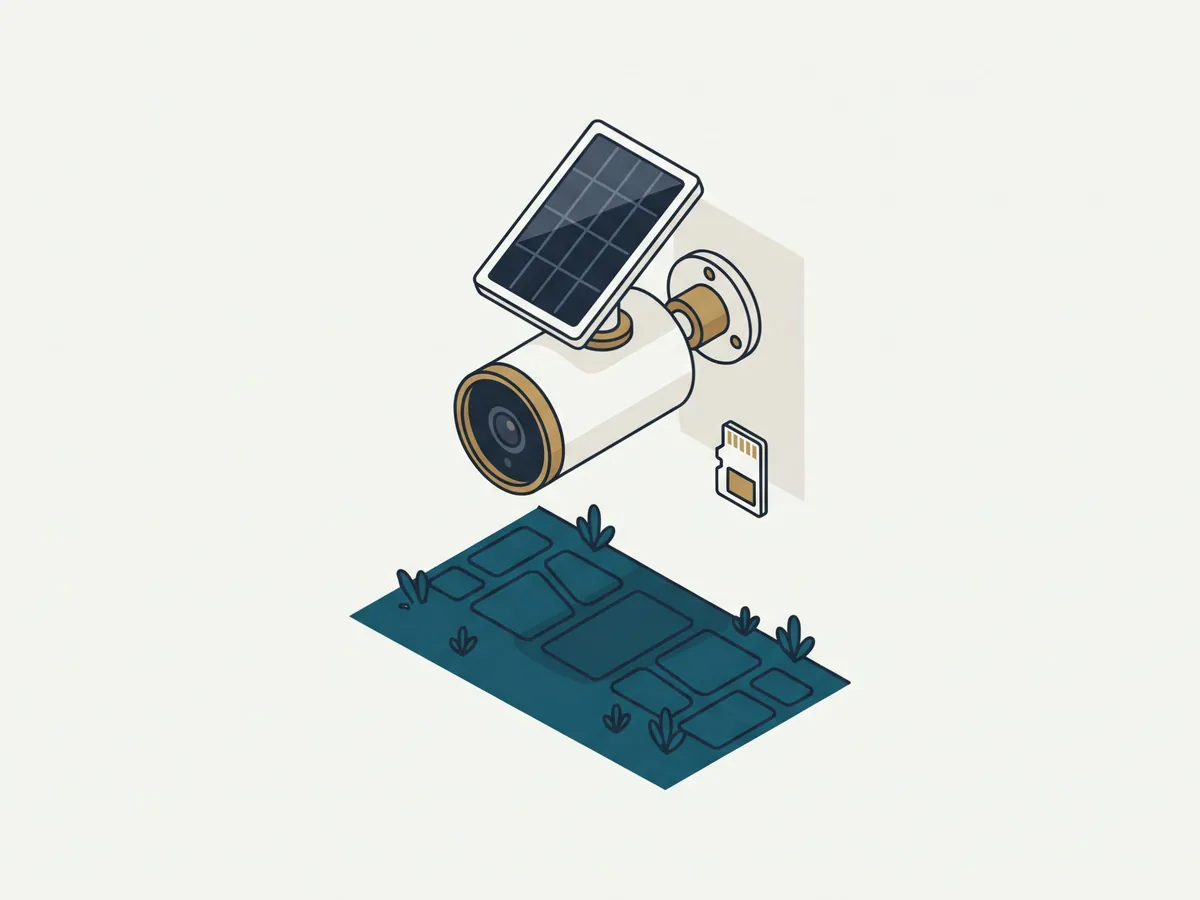 Illustration: Außenkamera mit Solarpanel an einer Hauswand, daneben eine microSD-Karte, darunter ein gepflasterter Weg im eigenen Garten