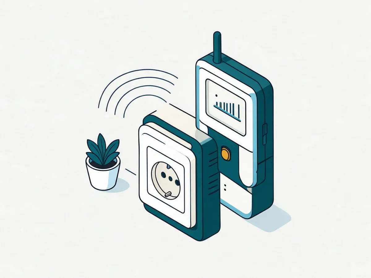 Illustration: Handgerät mit Antenne und Signalanzeige neben einer Steckdose und einer Zimmerpflanze, angedeutete Funkwellen