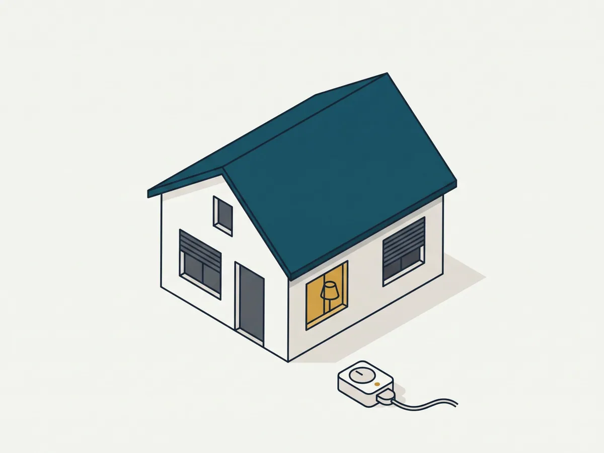 Illustration: Haus am Abend mit beleuchtetem Fenster und halb geschlossenem Rollladen
