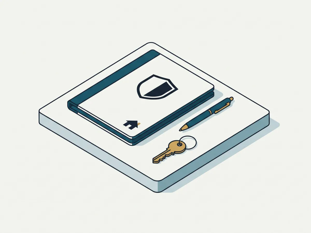 Illustration: Dokumentenmappe mit Schild- und Haussymbol, daneben Stift und Schlüssel