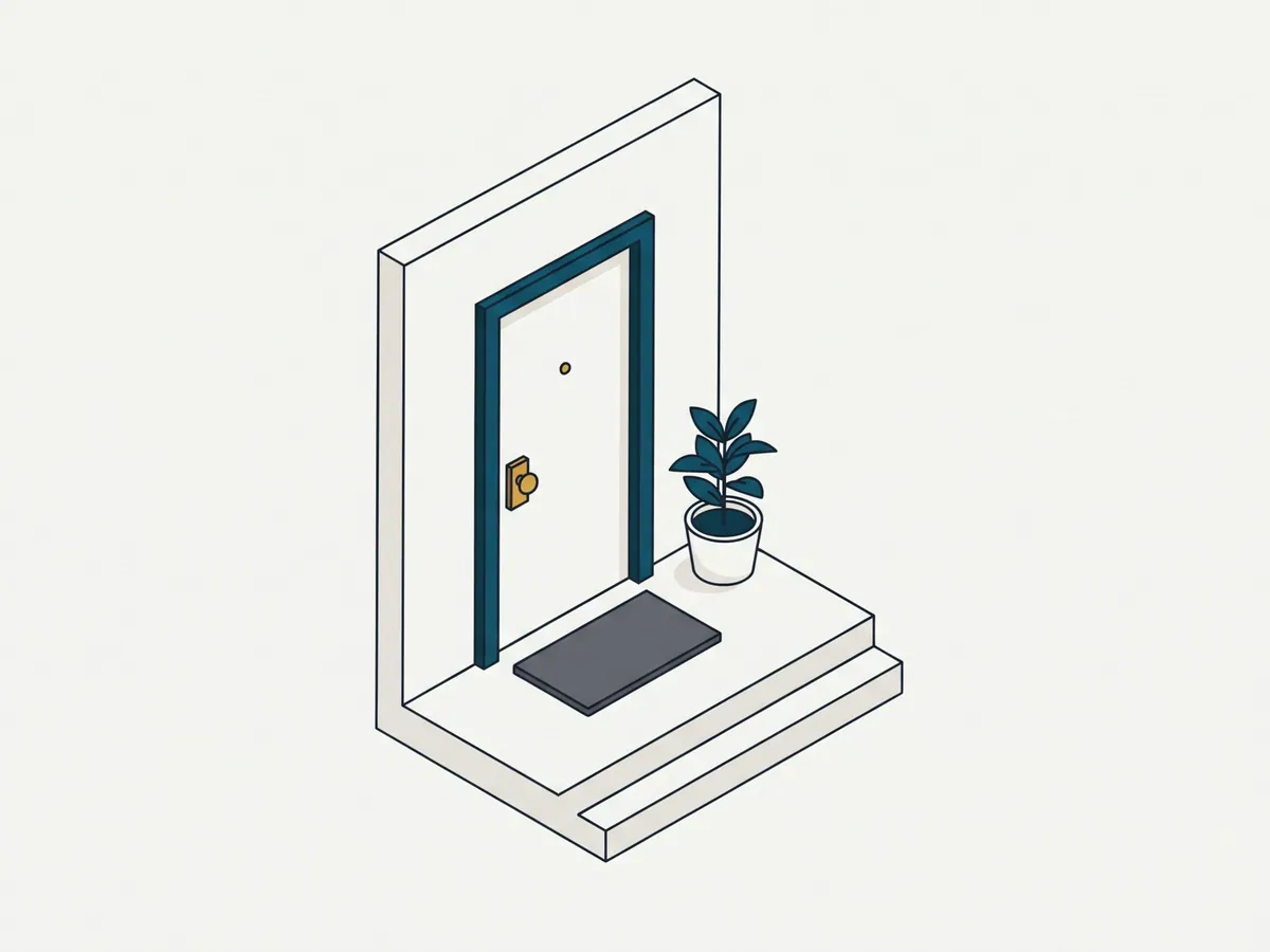 Illustration: Wohnungstür im Treppenhaus mit aufgesetztem Zusatzschloss und Türspion