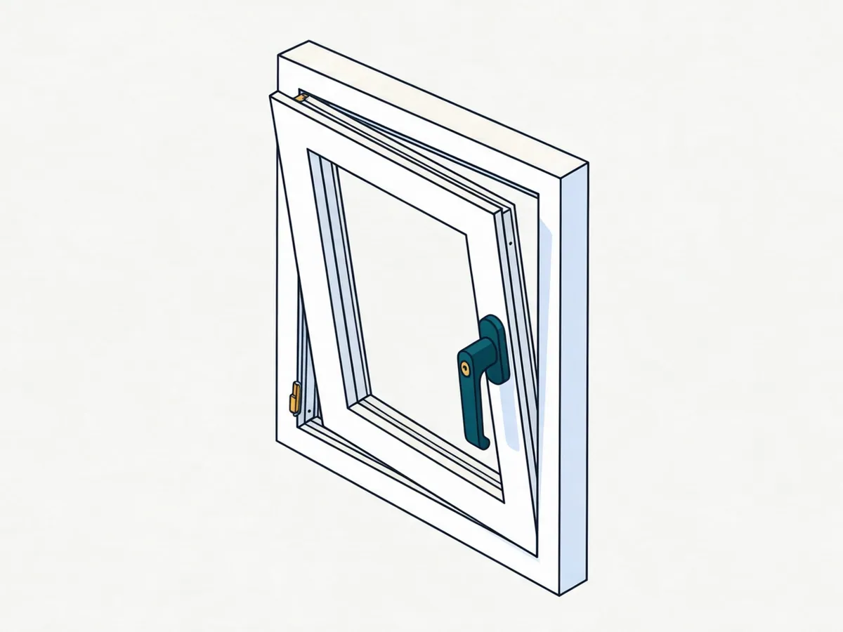 Illustration: gekipptes weißes Fenster von innen mit Griff, gegenüber am Rahmen ein kleiner zusätzlicher Schnapper mit Messing-Akzent