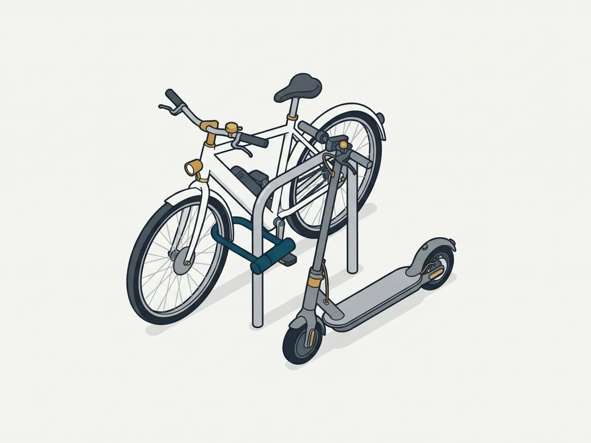 Illustration: E-Bike und E-Scooter mit Bügelschloss am Fahrradständer