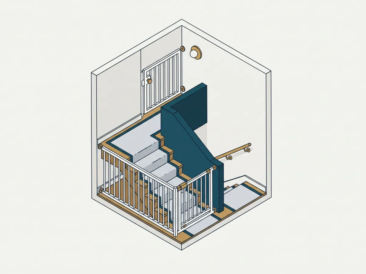 Weißes Metall-Schutzgitter, oben an einer Holztreppe an die Wand geschraubt, ohne Bodenschwelle