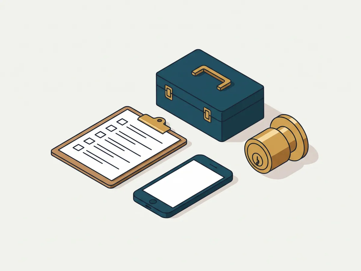 Illustration: Klemmbrett mit Checkliste, Smartphone, Werkzeugkasten und neuer Schließzylinder