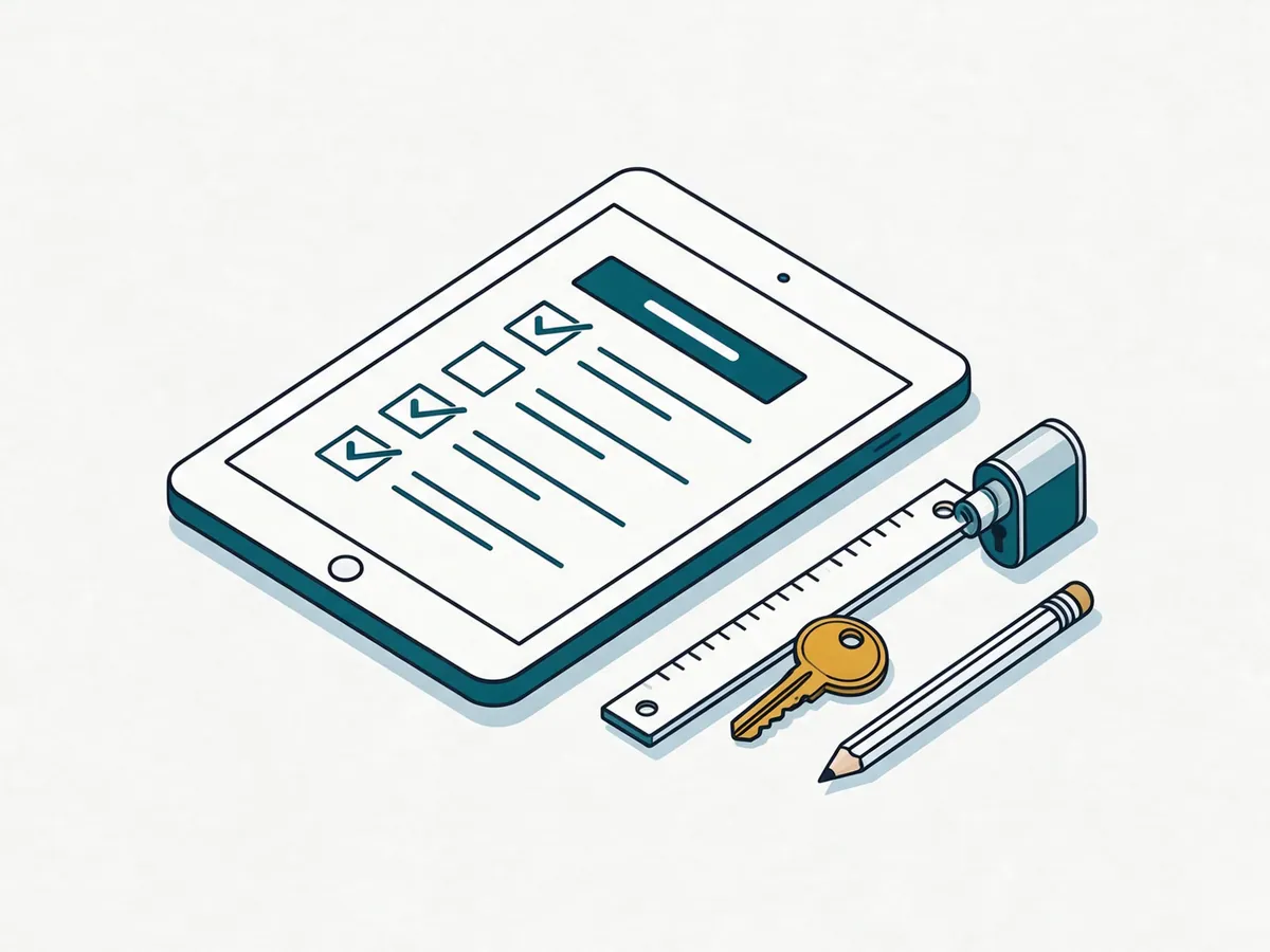 Illustration: Tablet mit abgehakter Checkliste, daneben ein Lineal am Schließzylinder, Schlüssel und Bleistift