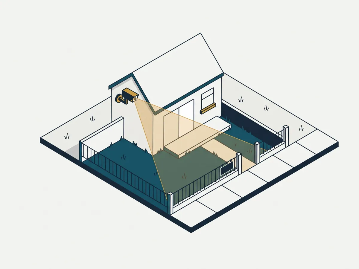 Illustration: Einfamilienhaus mit Kamera an der Fassade, deren Blickfeld den eigenen Vorgarten erfasst und vor Zaun und Gehweg endet