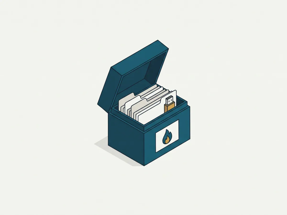 Geöffnete dunkelblaue Dokumentenbox mit Flammensymbol, darin Hängeordner und ein USB-Stick, Zeichnung
