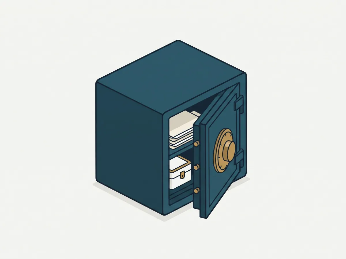 Illustration: Stahltresor mit Messing-Drehknopf, Tür einen Spalt geöffnet