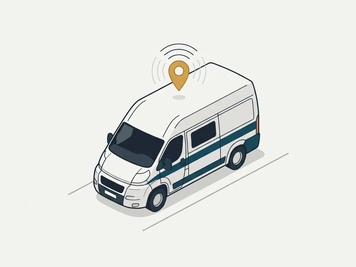 Kleiner GPS-Tracker hinter einer geöffneten Verkleidung im Fahrerhaus eines Wohnmobils