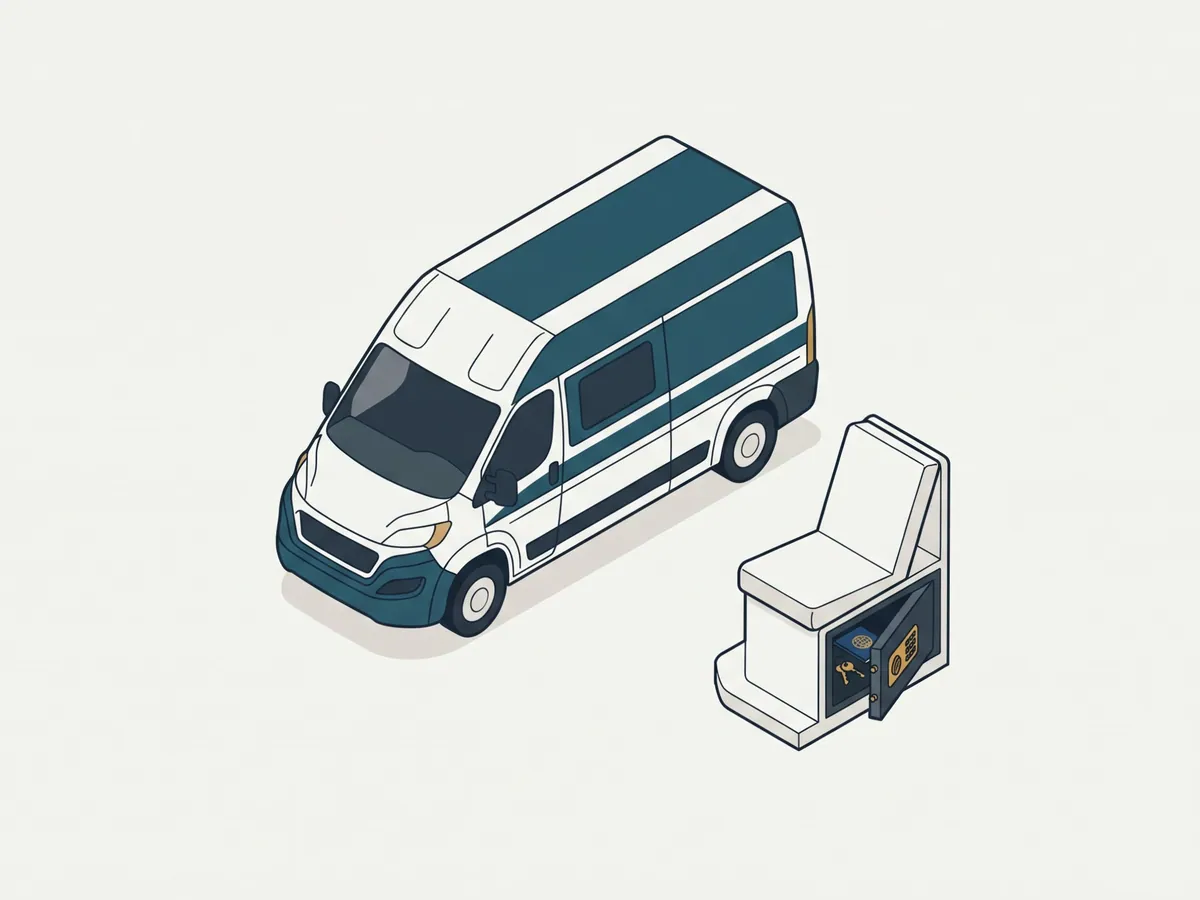 Geöffneter Stahltresor im Sitzsockel unter dem Fahrersitz eines Wohnmobils