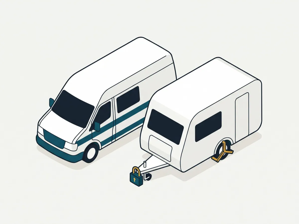 Abgestellter Wohnwagen mit Kupplungsschloss über der Kugelkupplung an der Deichsel