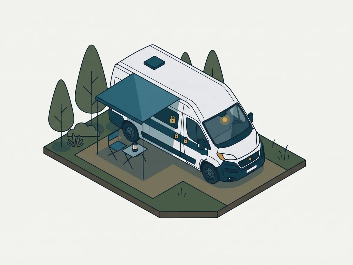 Wohnmobil auf einem Stellplatz in der Dämmerung, Aufbautür und Fahrerhaus im Blick