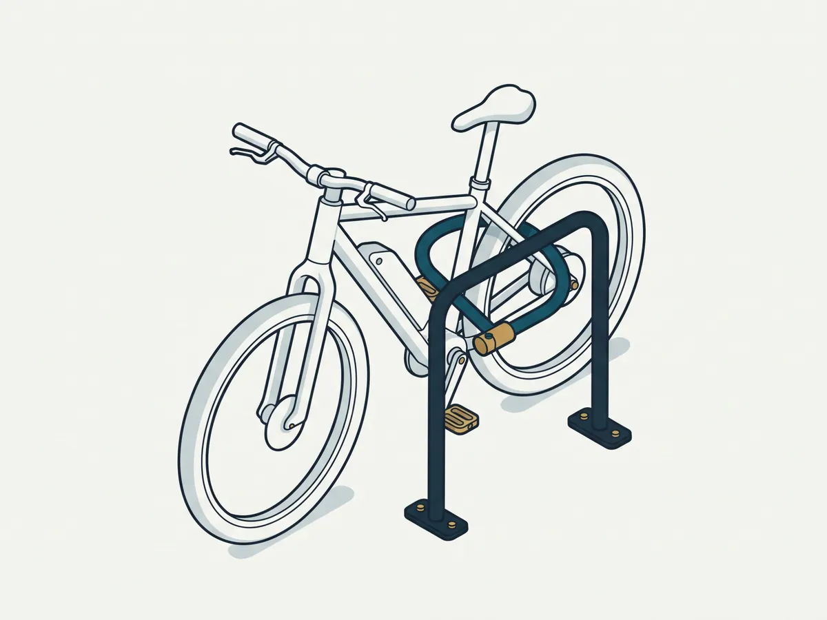 E-Bike mit Unterrohr-Akku, mit einem Bügelschloss durch Rahmen und Hinterrad an einen Fahrradbügel angeschlossen