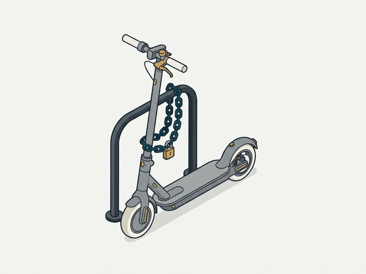 Zusammengeklappter E-Scooter, mit einem Kettenschloss durch die Lenksäule an einen Fahrradbügel angeschlossen