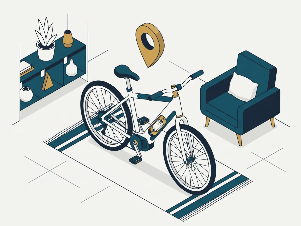 E-Bike in einem Wohnzimmer mit kleinem Tracker am Unterrohr, darüber ein Standort-Symbol, Zeichnung