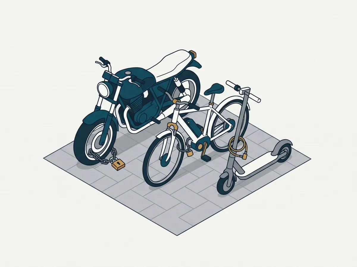Motorrad, E-Bike und zusammengeklappter E-Scooter nebeneinander, jeweils mit einem Schloss an einen Fahrradbügel angeschlossen